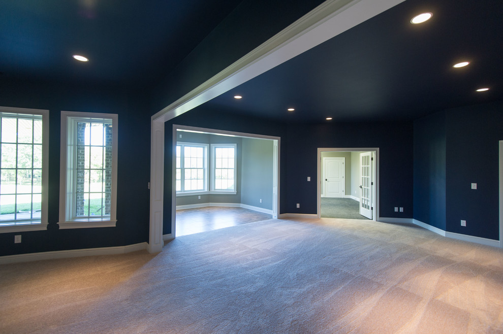 Huge elegant walk-out carpeted basement photo in Other with blue walls and no fireplace