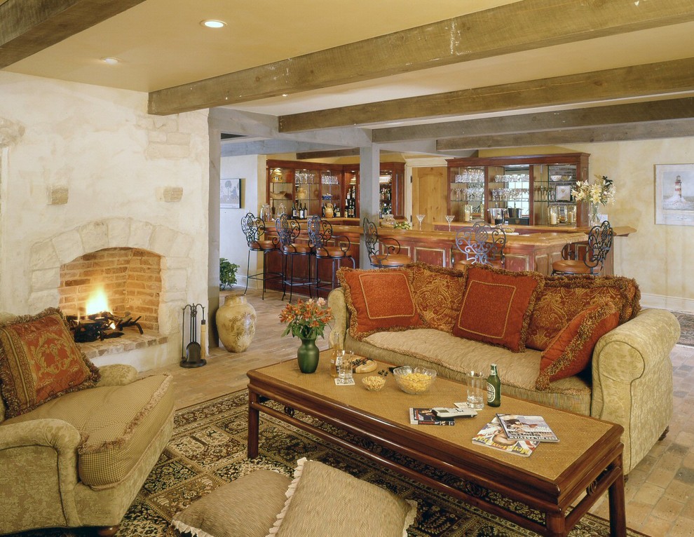Elegant basement photo in Boston with beige walls, a standard fireplace and a stone fireplace