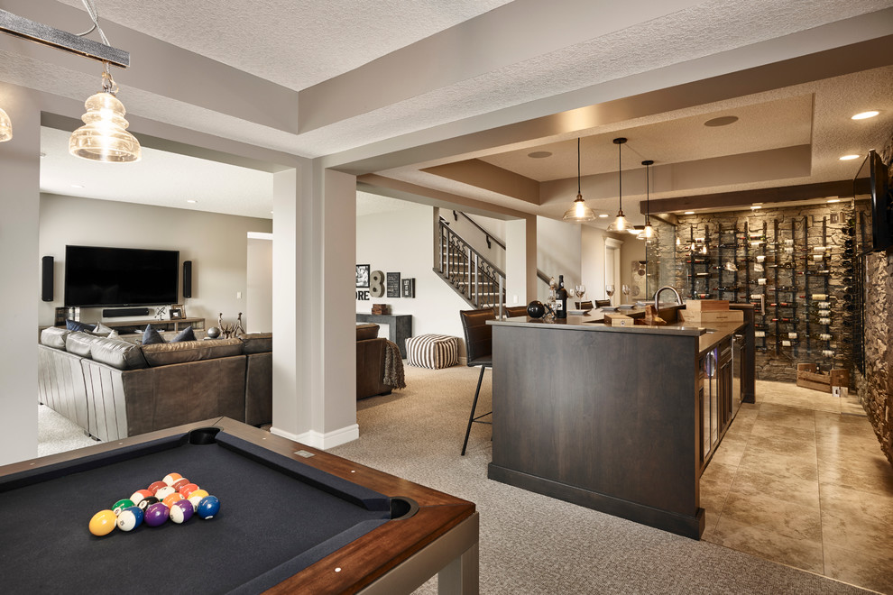 Inspiration for a transitional walk-out carpeted basement remodel in Calgary with beige walls and no fireplace