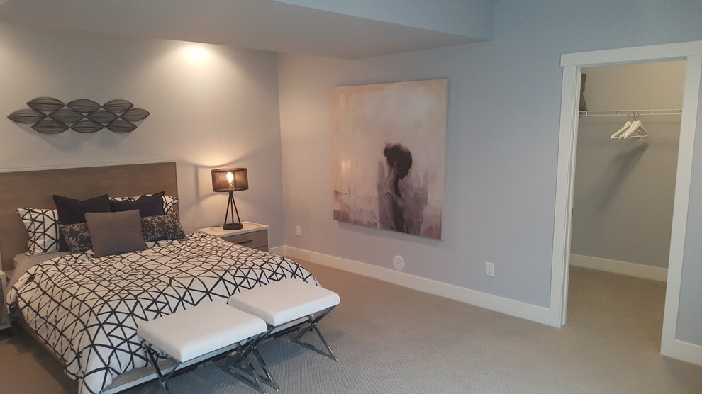 Example of a large transitional look-out carpeted basement design in Denver with blue walls