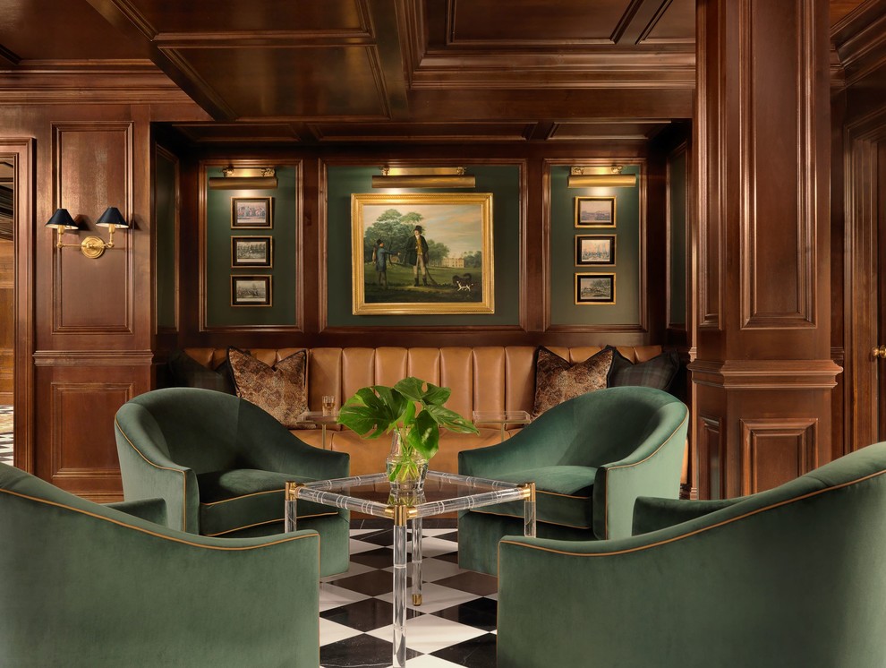 Стильный дизайн: гостиная комната в классическом стиле с разноцветным полом и зелеными стенами без камина - последний тренд