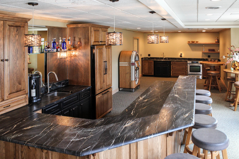 Huge transitional carpeted and multicolored floor kitchen photo in Other