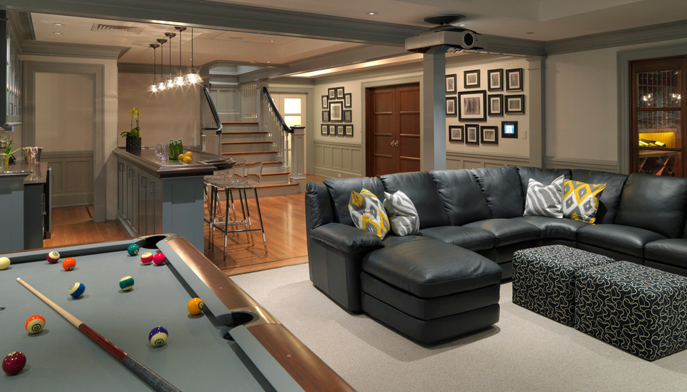 Inspiration for a large timeless medium tone wood floor basement remodel in Boston with white walls and no fireplace