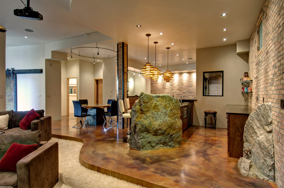 Inspiration for a contemporary concrete floor and brown floor home bar remodel in Denver