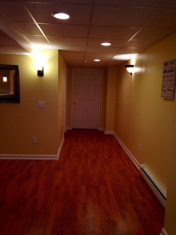 Medium sized traditional look-out basement in Boston with yellow walls and a standard fireplace.