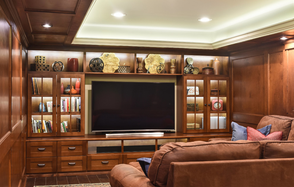 Mid-sized mountain style walk-out porcelain tile and brown floor basement photo in Atlanta with beige walls and no fireplace