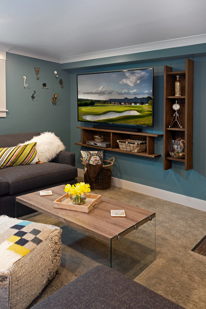 Inspiration for a medium sized eclectic walk-out basement in Other with blue walls, carpet, no fireplace and grey floors.