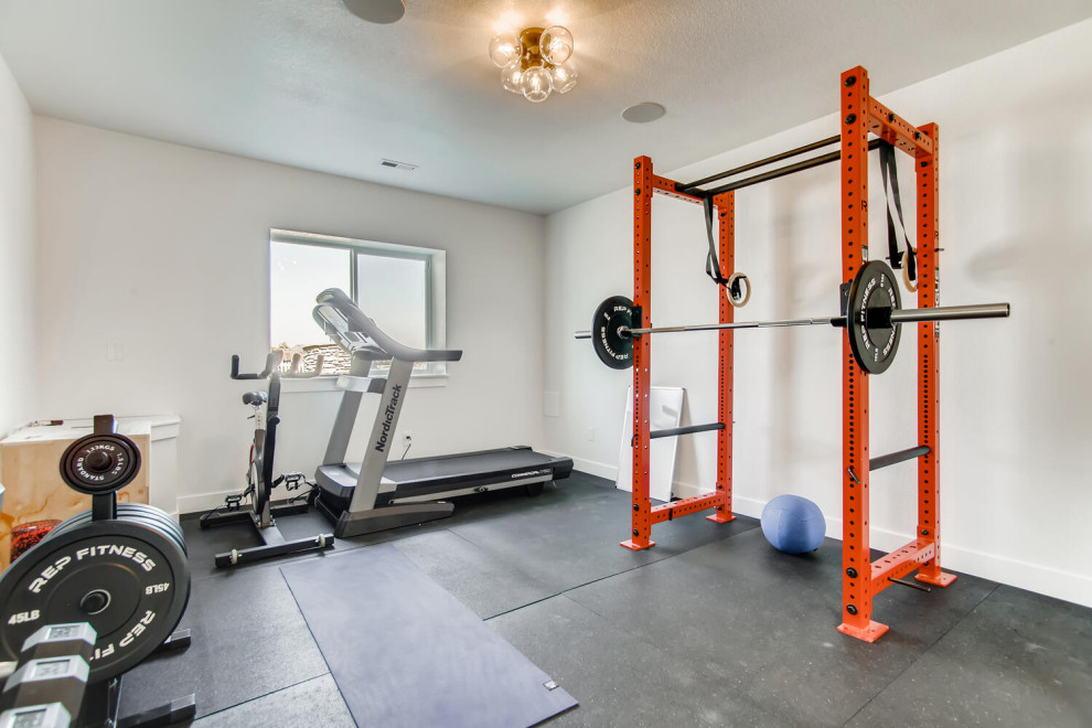 Design ideas for a large contemporary home gym in Denver with grey walls, vinyl flooring and brown floors.