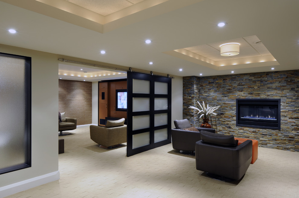 Contemporary basement in Ottawa with feature lighting.