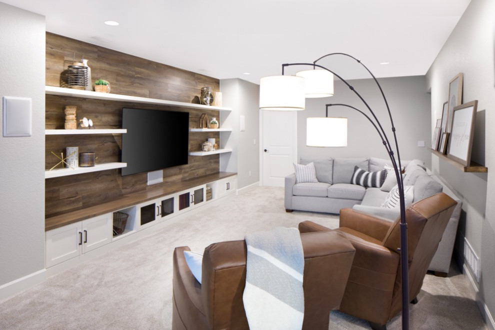 Design ideas for a large contemporary look-out basement in Denver with white walls, carpet, no fireplace and beige floors.