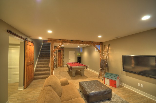Contemporary-Rustic finished basement with reclaimed barn beams & wine ...