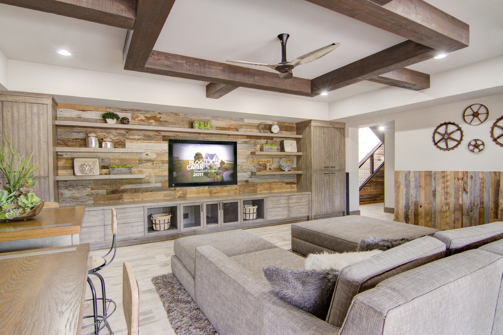 Inspiration for a medium sized rustic look-out basement in Phoenix with beige walls, light hardwood flooring, no fireplace and beige floors.