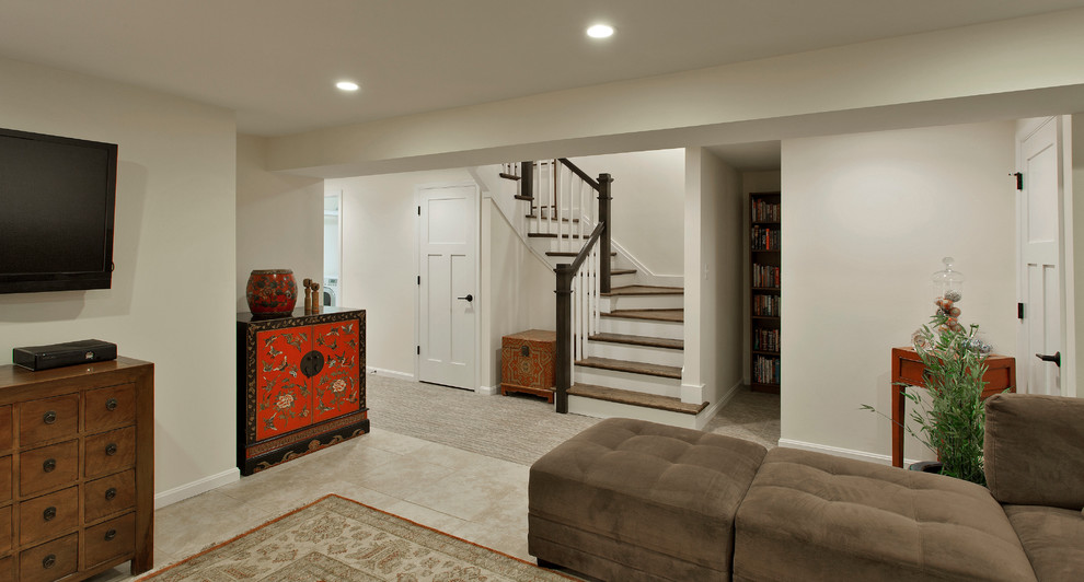 Example of a mid-sized asian underground ceramic tile and beige floor basement design in DC Metro with beige walls and no fireplace