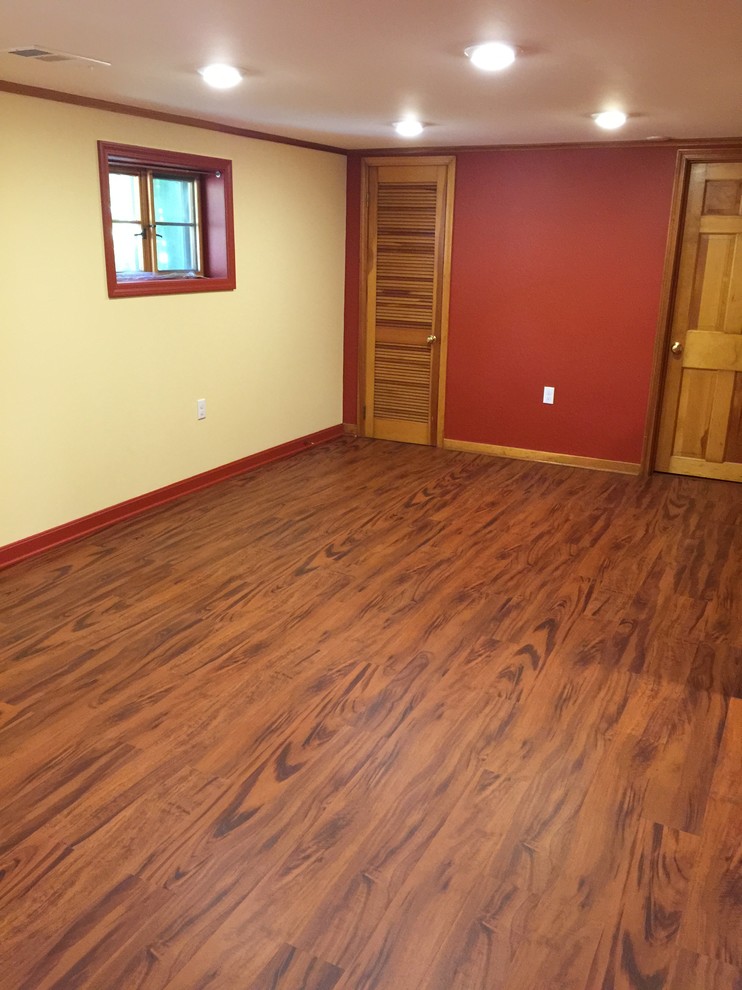 Mid-sized elegant look-out vinyl floor basement photo in Other with no fireplace and multicolored walls