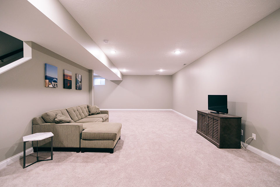Example of a transitional look-out carpeted and beige floor basement design in Other with gray walls and no fireplace