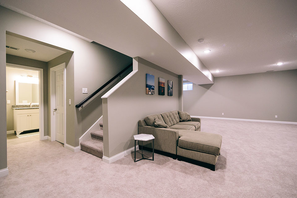 Transitional look-out carpeted and beige floor basement photo in Other with gray walls and no fireplace