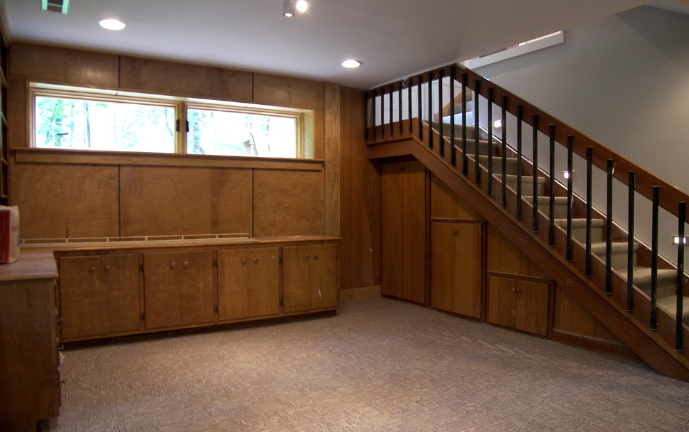 Basement - mid-sized modern walk-out carpeted basement idea in Other with gray walls