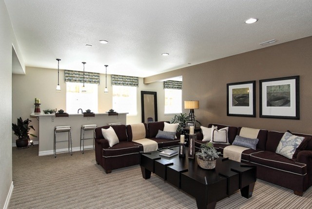 Inspiration for a transitional look-out carpeted and multicolored floor basement remodel in Denver with beige walls