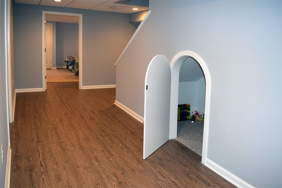 Photo of a large classic look-out basement in Philadelphia with blue walls and vinyl flooring.
