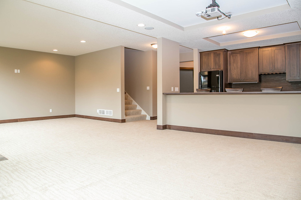 Photo of a classic walk-out basement in Minneapolis with beige walls, carpet and no fireplace.