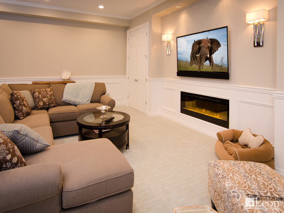 Small elegant underground carpeted and beige floor basement photo in Detroit with beige walls, a ribbon fireplace and a wood fireplace surround