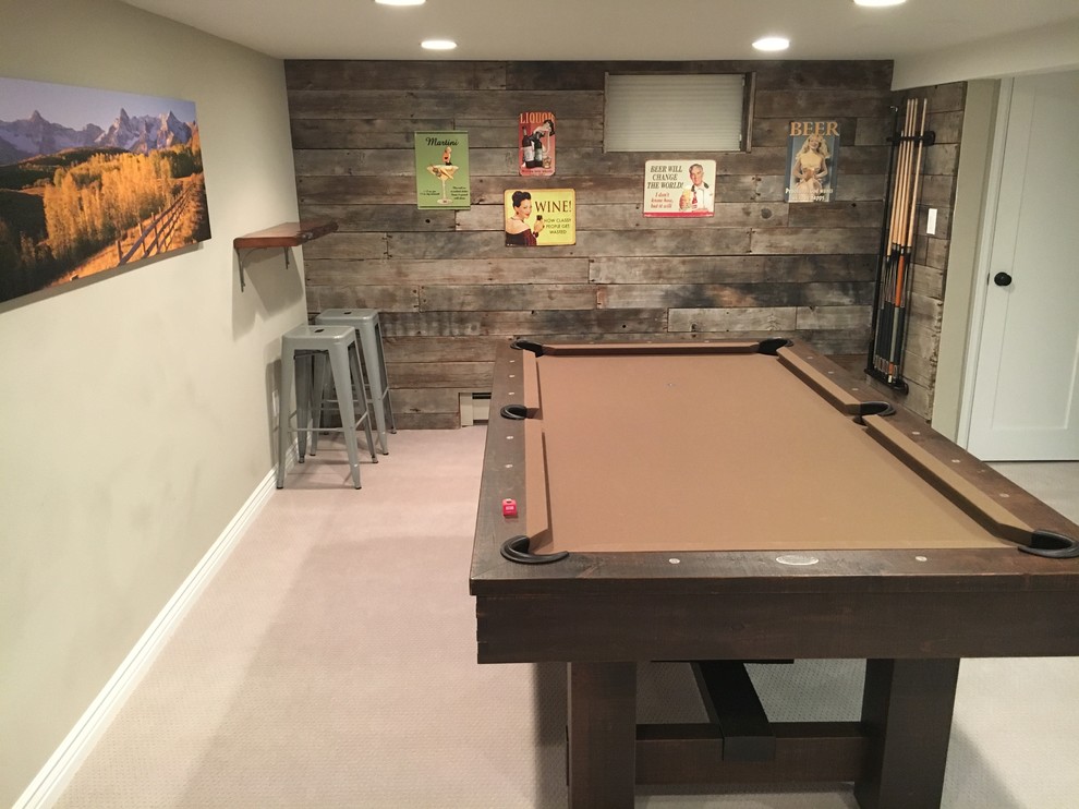 Mid-sized mountain style underground basement photo in Denver with white walls