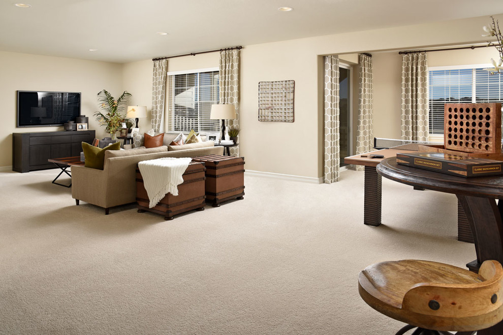 This is an example of a contemporary walk-out basement in Denver with carpet.