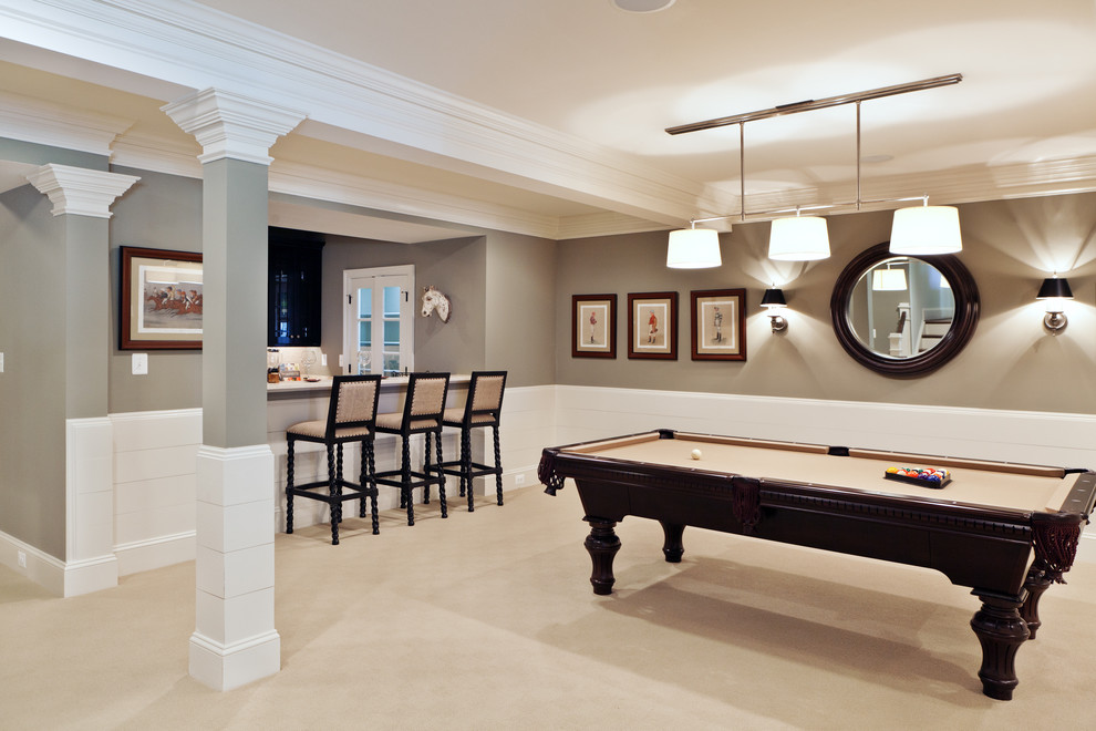 Transitional walk-out carpeted basement game room photo in DC Metro with gray walls