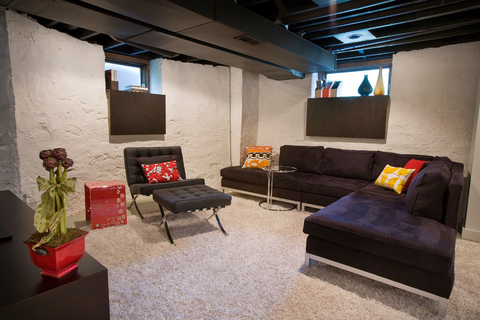 Example of a minimalist look-out carpeted and white floor basement design in Cincinnati with white walls and no fireplace