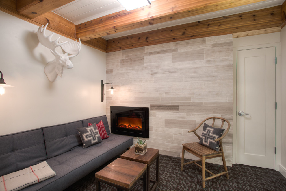 Cette image montre une salle de séjour chalet avec un mur blanc, moquette et une cheminée ribbon.