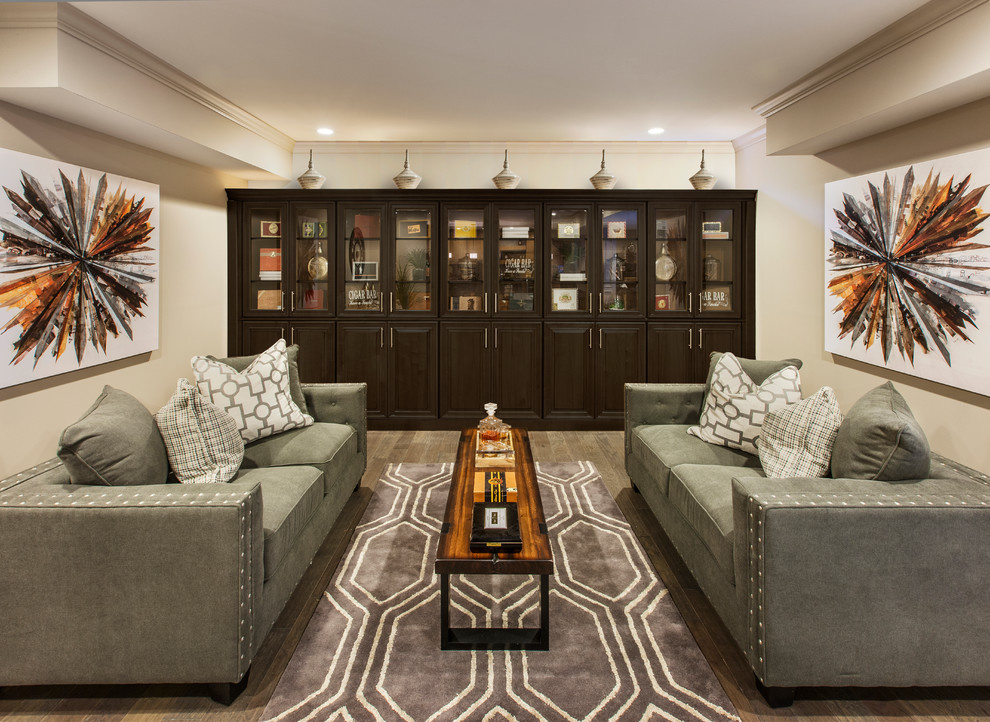 Example of a mid-sized transitional underground medium tone wood floor and gray floor basement design in Philadelphia with beige walls