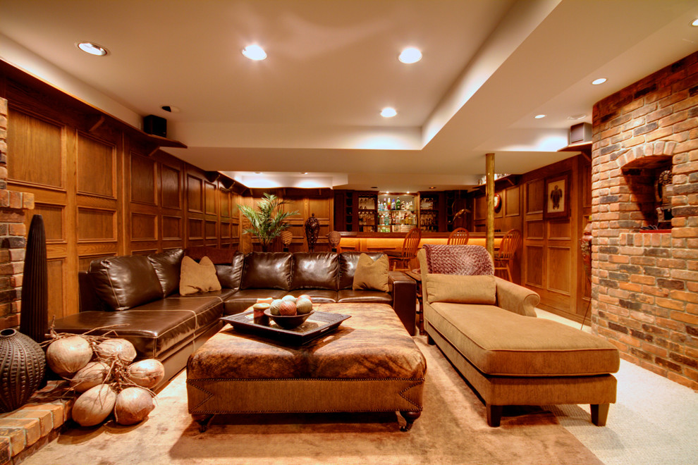 Basement - eclectic underground carpeted basement idea in Toronto with brown walls