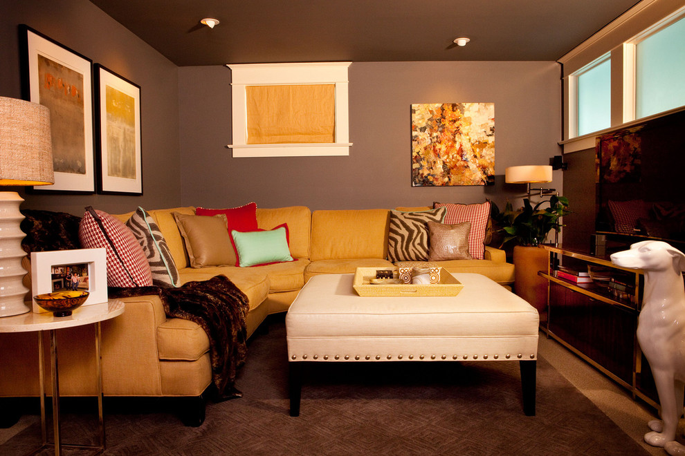 Inspiration for a small eclectic look-out carpeted basement remodel in Portland with gray walls and no fireplace