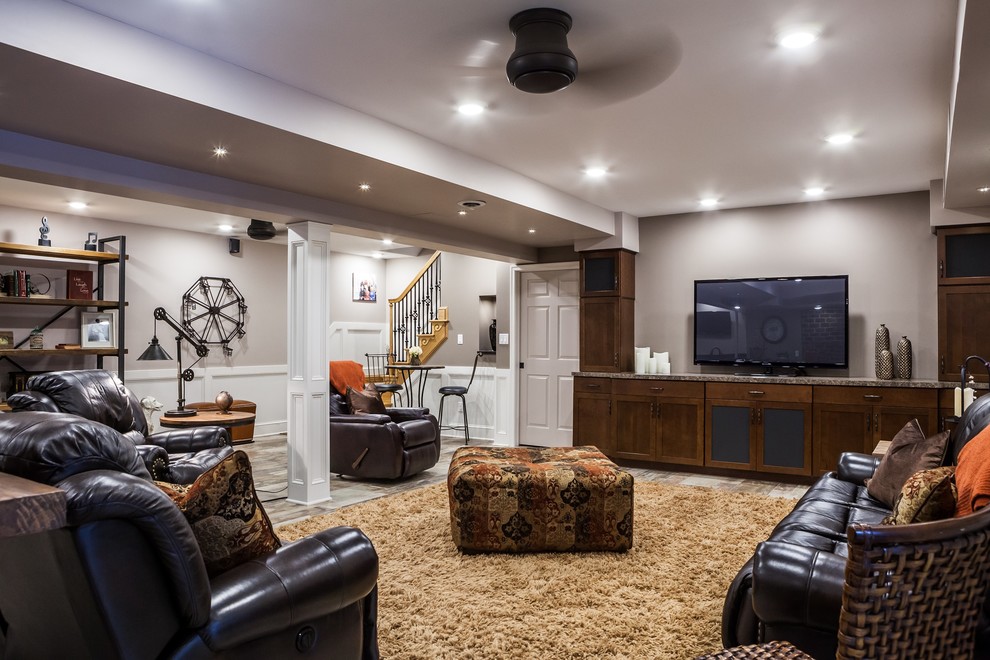 This is an example of a large rustic walk-out basement in Other with grey walls, ceramic flooring and multi-coloured floors.