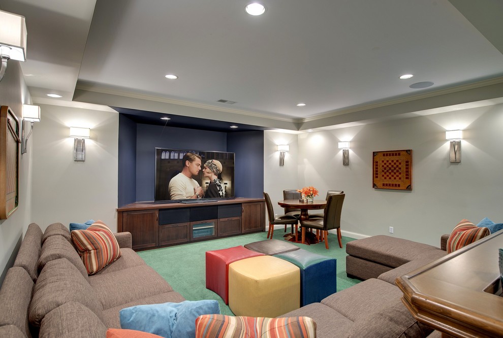 Traditional games room in Minneapolis with grey walls, carpet, no fireplace and turquoise floors.