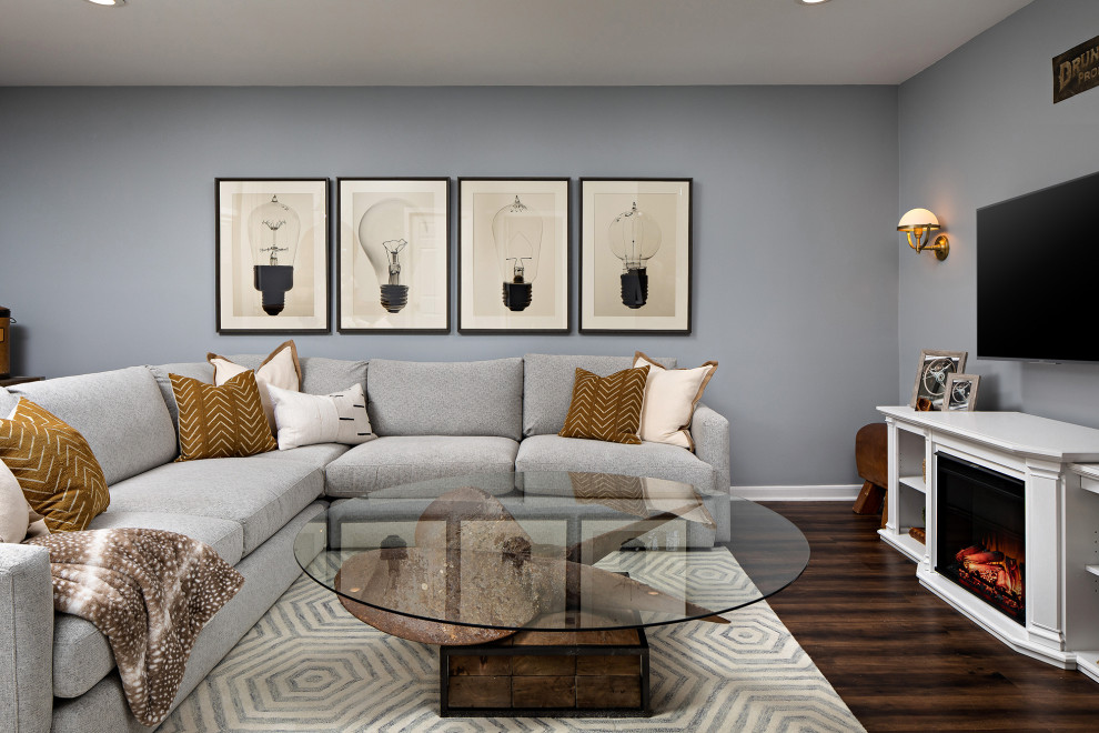 Example of a transitional dark wood floor and brown floor living room design in DC Metro with gray walls