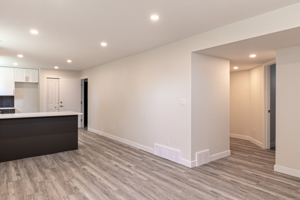 Mid-sized elegant underground vinyl floor and brown floor basement photo in Edmonton with gray walls