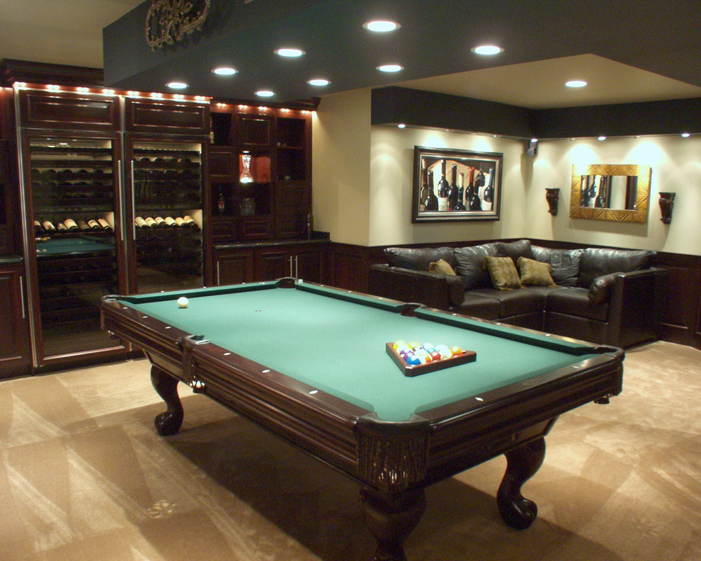 Example of a large trendy carpeted and beige floor basement design in Chicago with beige walls