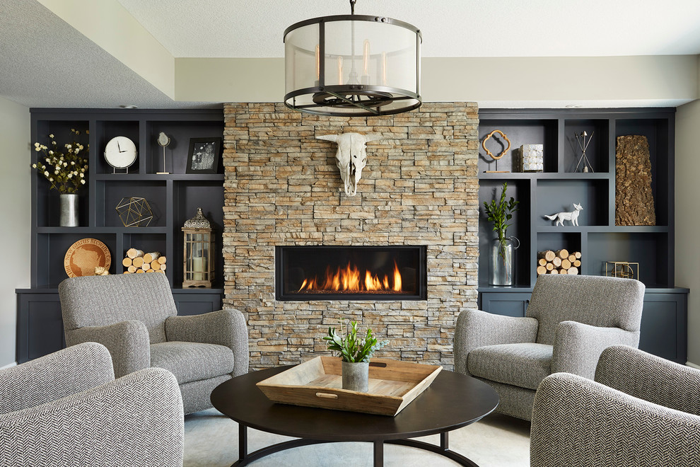 Large transitional walk-out basement photo in Minneapolis with gray walls, a ribbon fireplace and a stone fireplace