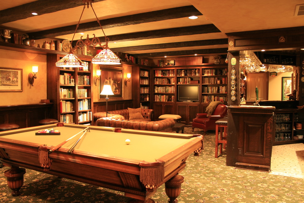 English Pub Style Basement Traditional Basement Portland By Pilgrims Custom Cabinets Construction Houzz