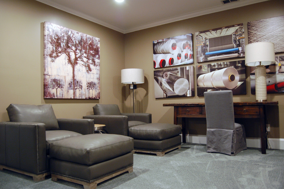 Example of a trendy carpeted basement design in Atlanta with brown walls