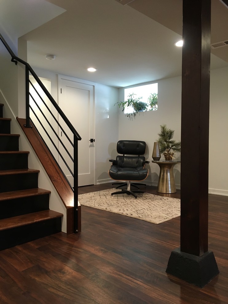 Mid-sized minimalist underground dark wood floor and multicolored floor basement photo in Minneapolis with white walls, a standard fireplace and a plaster fireplace