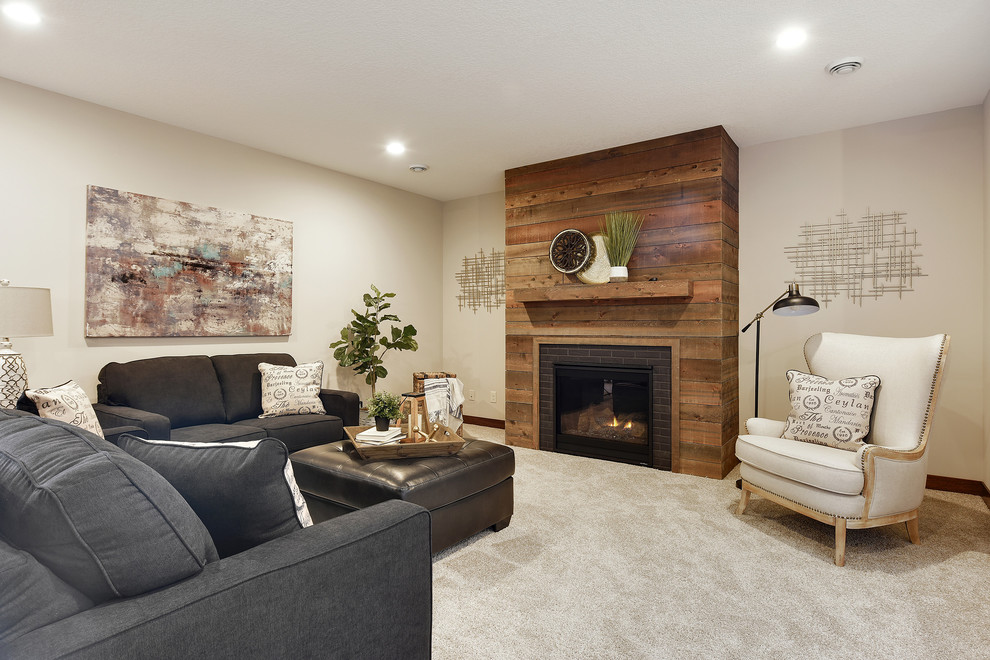 Example of a large transitional look-out carpeted and white floor basement design in Minneapolis with gray walls, a standard fireplace and a brick fireplace