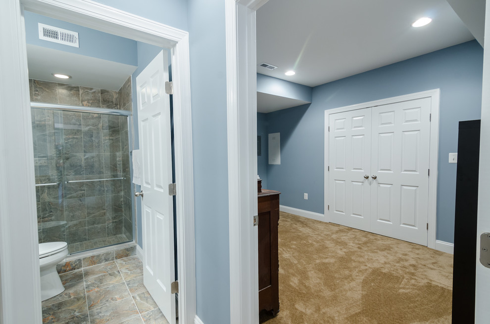 Diseño de sótano con puerta clásico renovado extra grande sin chimenea con paredes azules y moqueta