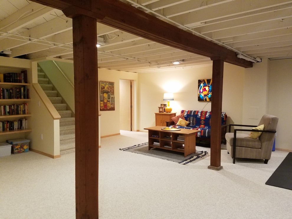 Design ideas for a large traditional fully buried basement in Other with carpet, no fireplace, white floors and white walls.