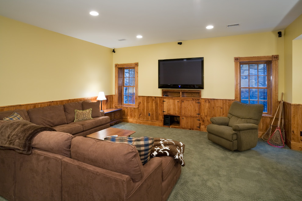 Inspiration for a farmhouse carpeted and green floor basement remodel in DC Metro with beige walls and no fireplace