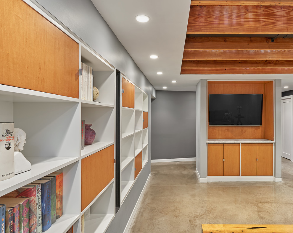 Inspiration for a medium sized modern look-out basement in DC Metro with grey walls, concrete flooring and no fireplace.