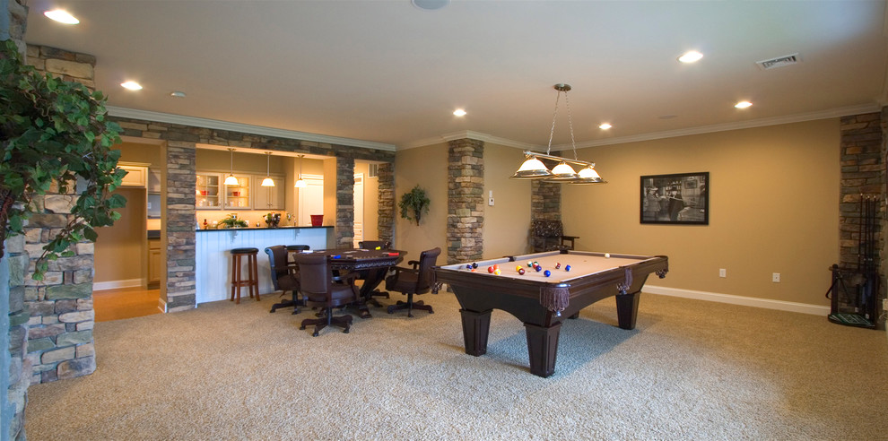 Inspiration for an expansive classic walk-out basement in Other with beige walls and carpet.