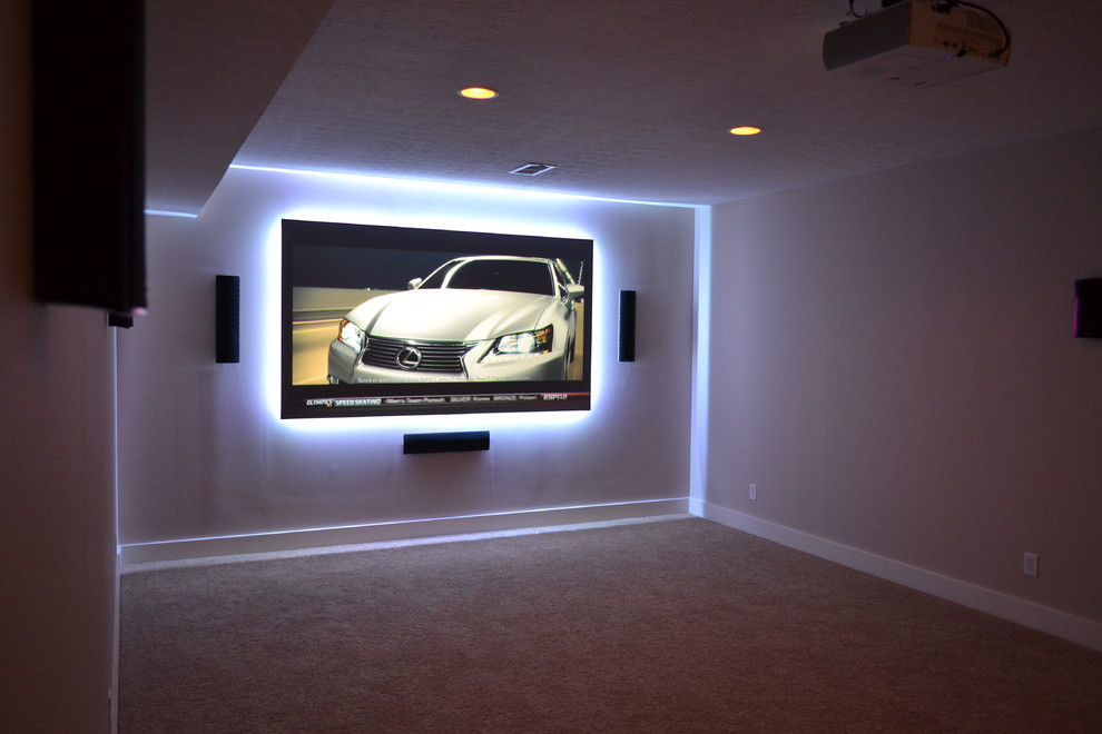 Large minimalist underground carpeted basement photo in Indianapolis with beige walls