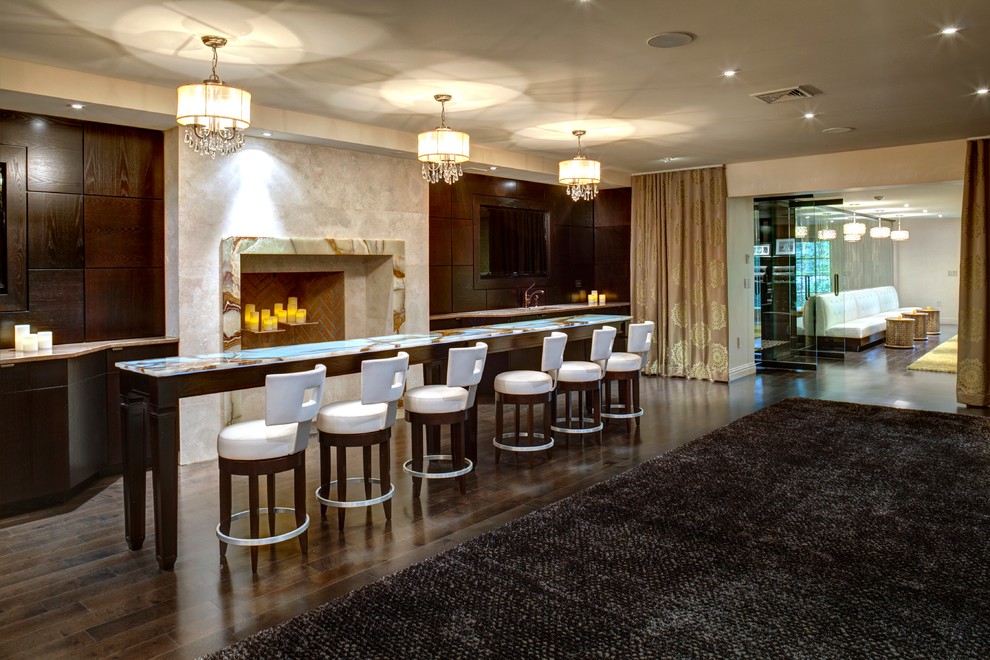 Contemporary basement in New York with brown walls, dark hardwood flooring and brown floors.
